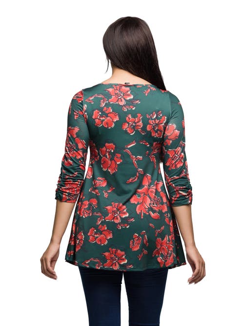 24seven Comfort Apparel Floral Print Three Quarter Sleeve Tunic Top In Green