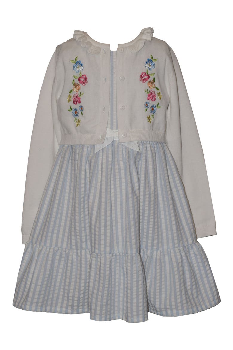 Kids' Seersucker Stripe Dress & Embroidered Cardigan Set, Main, color, BLUE