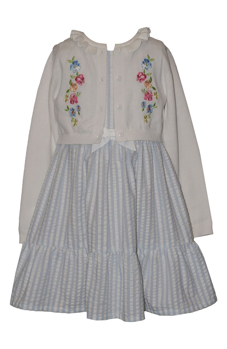 Iris & Ivy Kids' Seersucker Stripe Dress & Embroidered Cardigan Set, Main, color, Blue