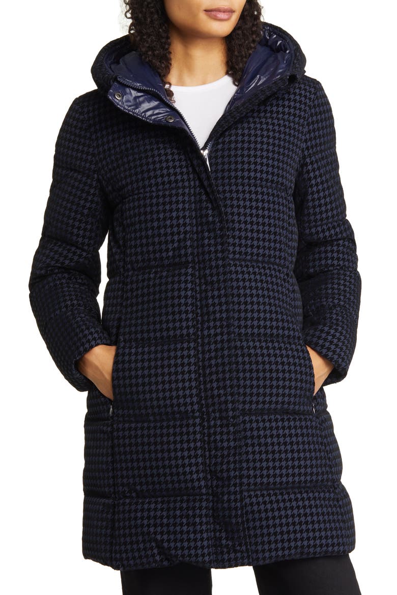 Water Repellent Houndstooth Flocked Puffer Coat, Alternate, color, NAVY