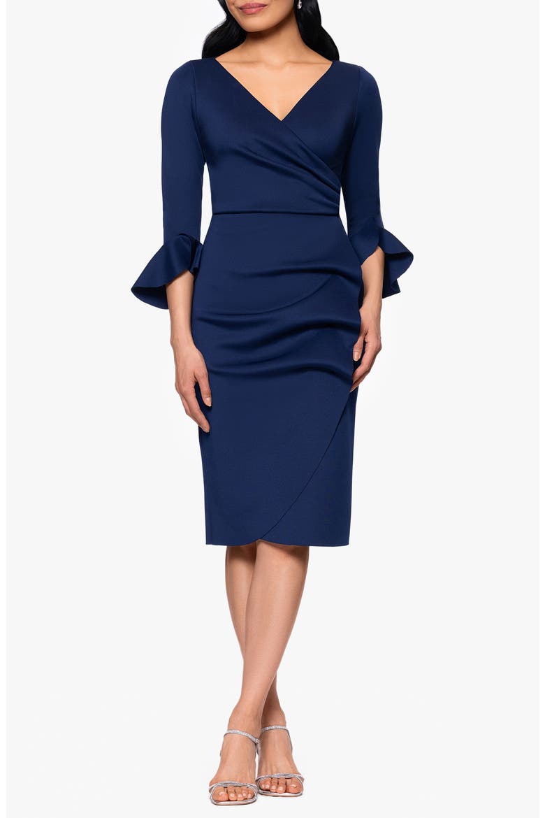 Ruffle Sleeve Scuba Crepe Cocktail Sheath Dress, Main, color, NAVY