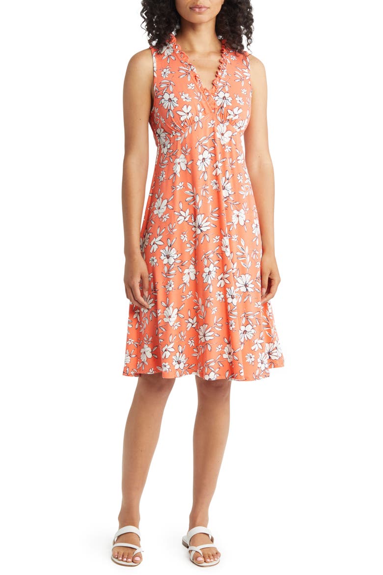Floral Print Ruffle Empire Waist Dress, Main, color, CORAL/ IVORY