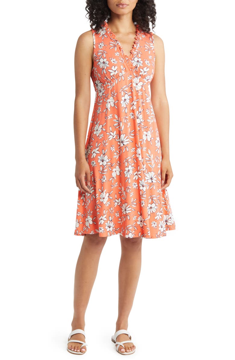 Loveappella Floral Print Ruffle Empire Waist Dress, Main, color, Coral/ Ivory