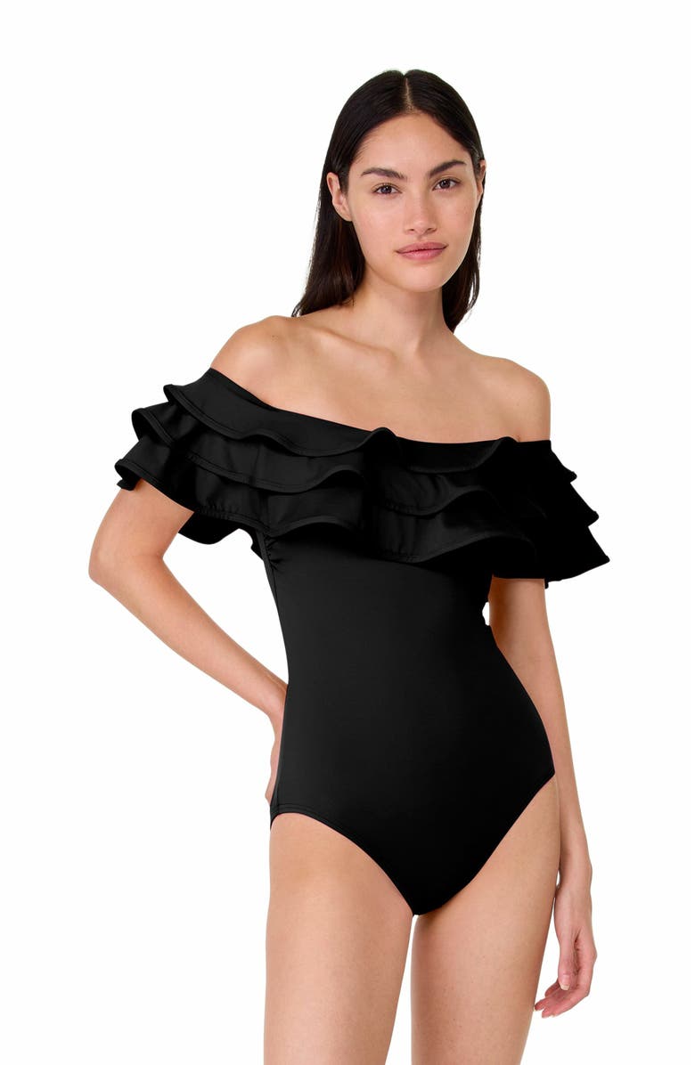 Kate Spade New York Ruffle One Piece Swimsuit- Solids, Main, color, Black