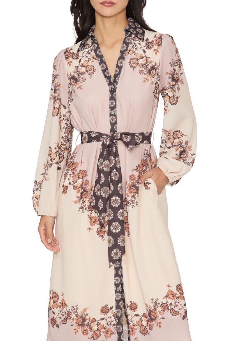 Clover Floral Print Midi Shirtdress, Alternate, color, BROWN MULTI