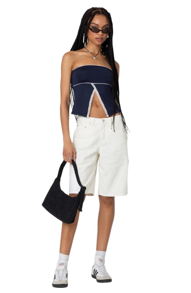 EDIKTED Lace Trim Split Front Tube Top, Alternate, color, Navy
