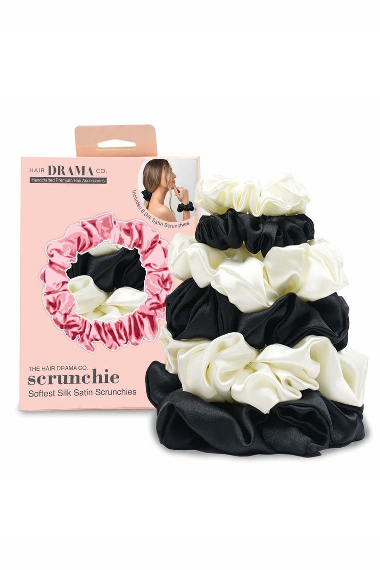 Black & White Silk Satin Scrunchies - Set of 6, Alternate, color, White