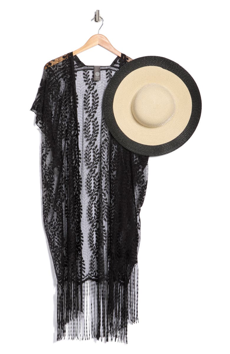 Vince Camuto Lace Shawl & Hat Set, Main, color, Black
