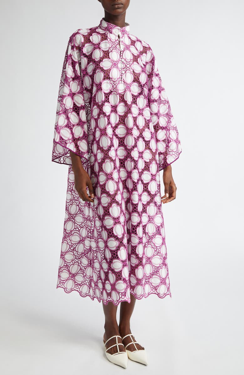 La Vie Style House Tulip Appliqué Eyelet Cover-Up Caftan, Main, color, Maroon