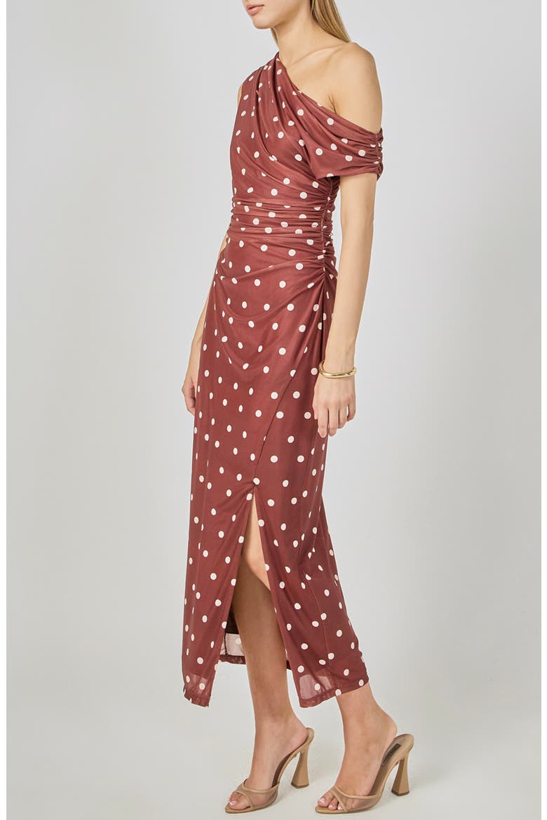 Dot Ruched One-Shoulder Mesh Maxi Dress, Alternate, color, BROWN/ IVORY