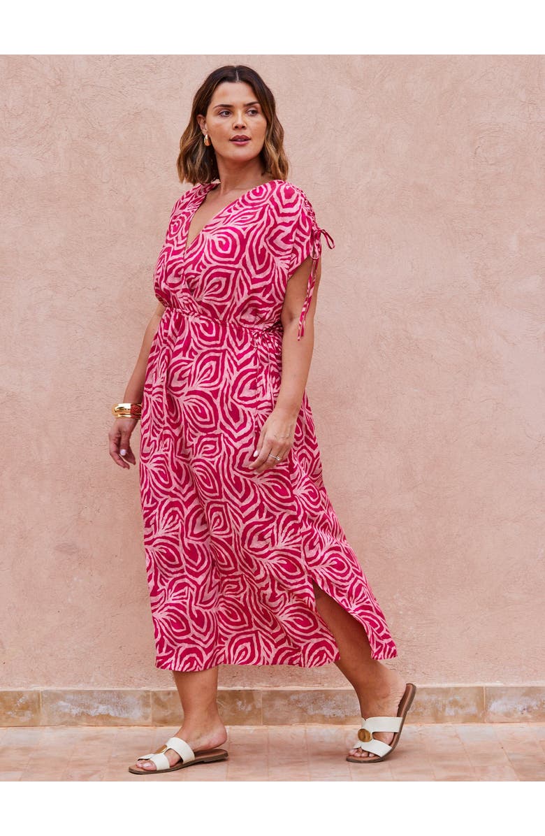 Live Unlimited Abstract Print Gathered Midi Dress, Alternate, color, Pink