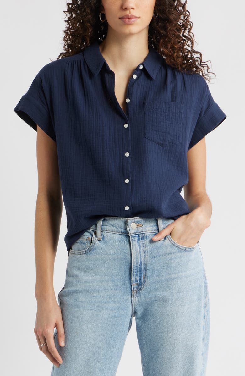 Caslon<sup>®</sup> Cotton Gauze Button-Up Shirt, Main, color, Navy Still