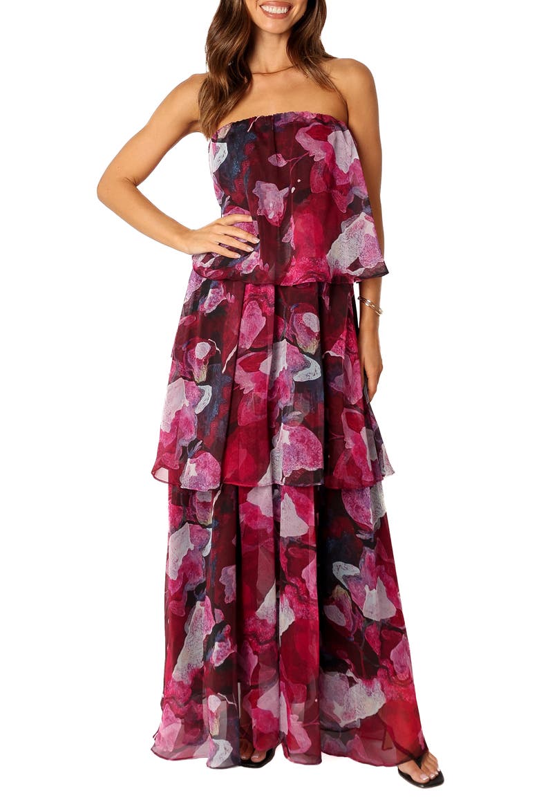 Bloom Strapless Tiered Chiffon Maxi Dress, Main, color, PURPLE FLORAL