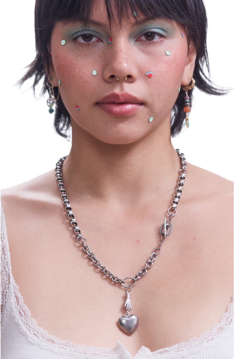 SHOP SPICY DAN Charles Antique Hand Holding Heart Charm Necklace, Alternate, color, Silver