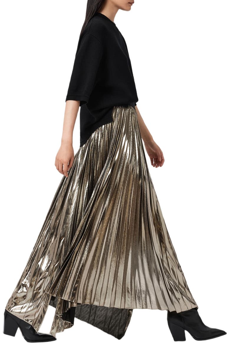 AllSaints Jax Pleated Maxi Skirt, Alternate, color, Bronze Gold