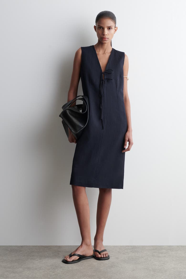 Linen-Blend Tie-Front Midi Dress, Main, color, NAVY
