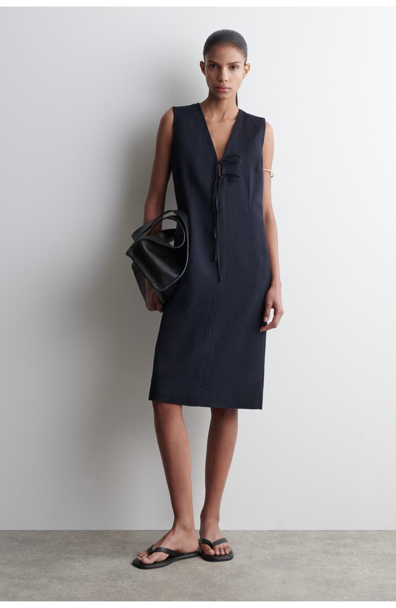 COS Linen-Blend Tie-Front Midi Dress, Main, color, Navy