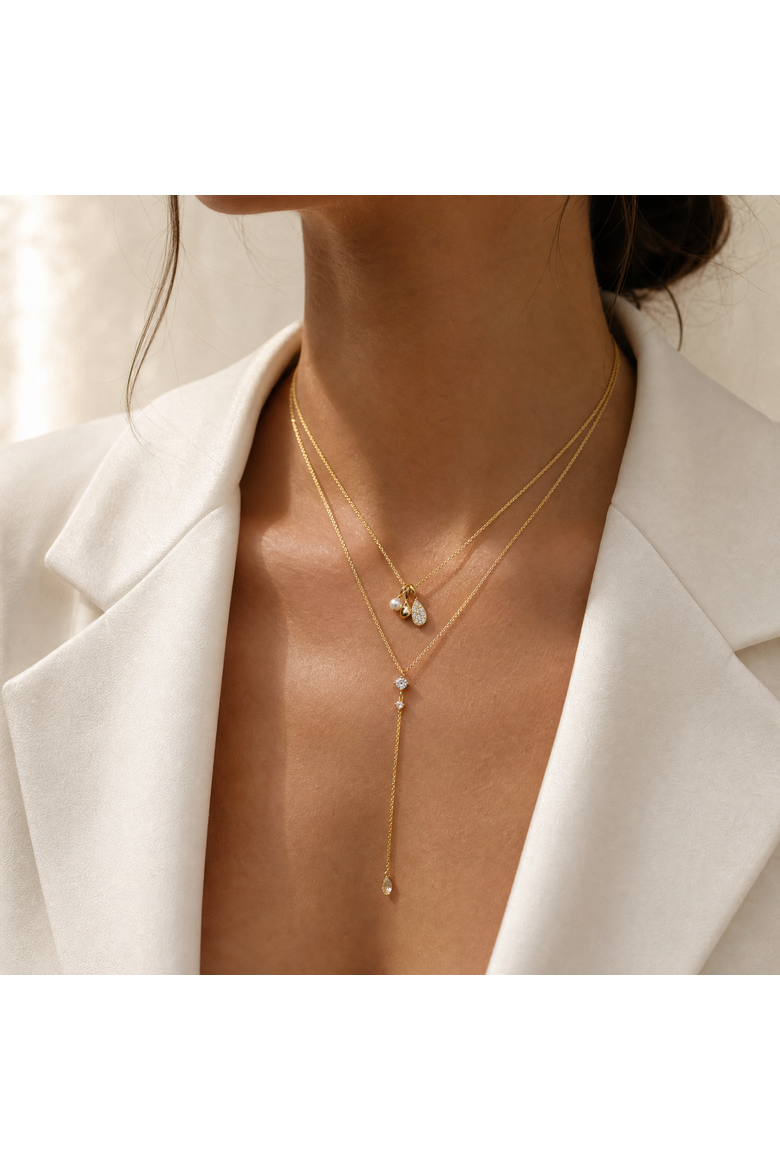 CZ Double Flower Cluster Drop Lariat, Alternate, color, Gold