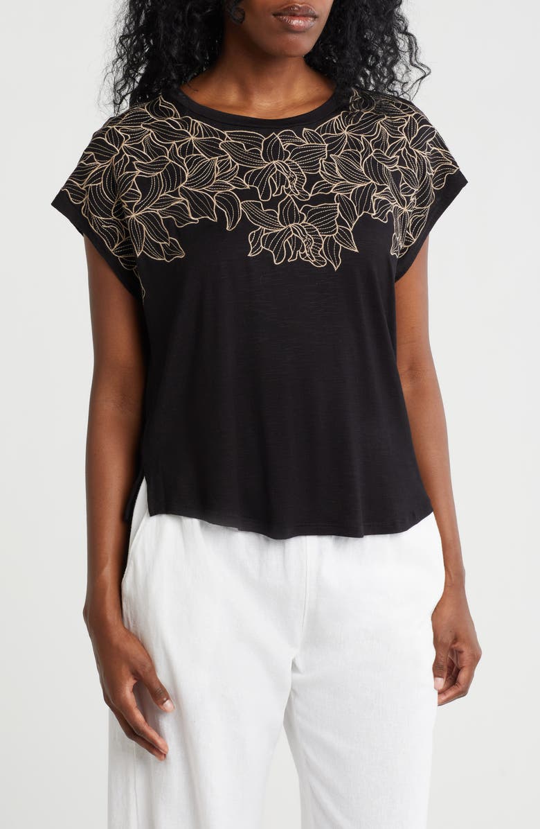 Adrianna Papell Floral Embroidered Short Sleeve T-Shirt, Main, color, Black