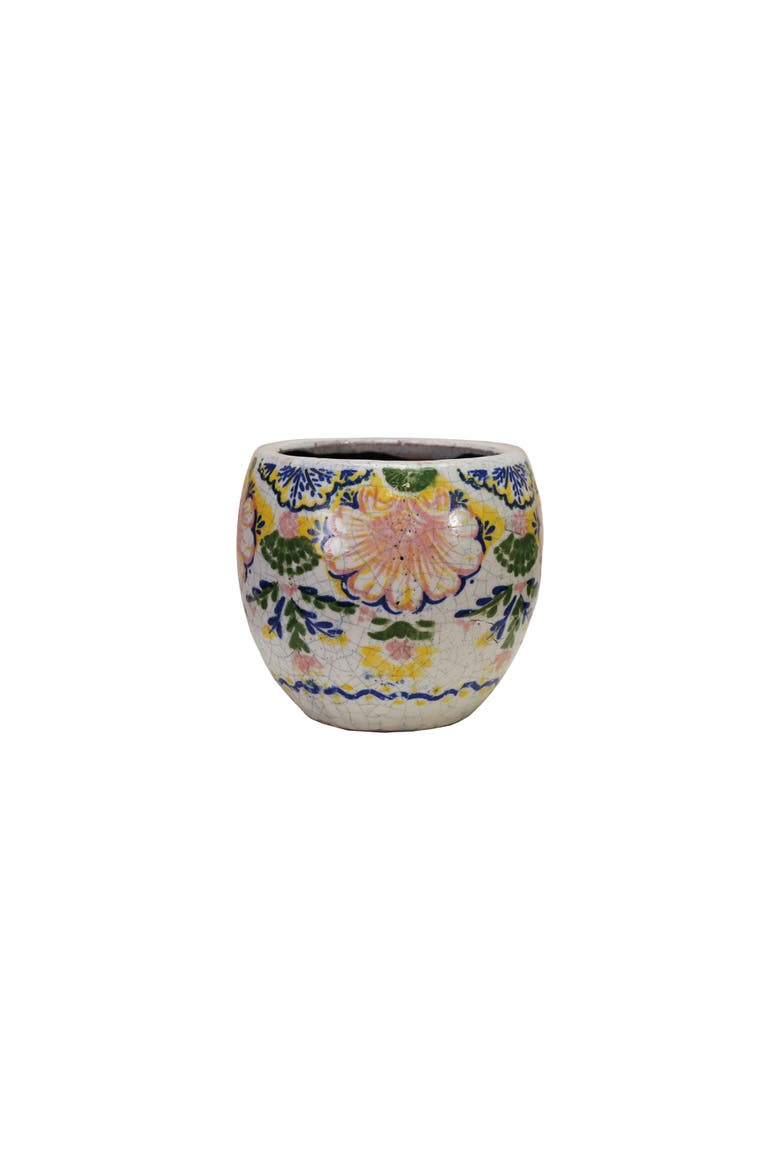 Terra-cotta Planter with Floral Pattern, Crackle Glaze, Multicolor, Main, color, Blue