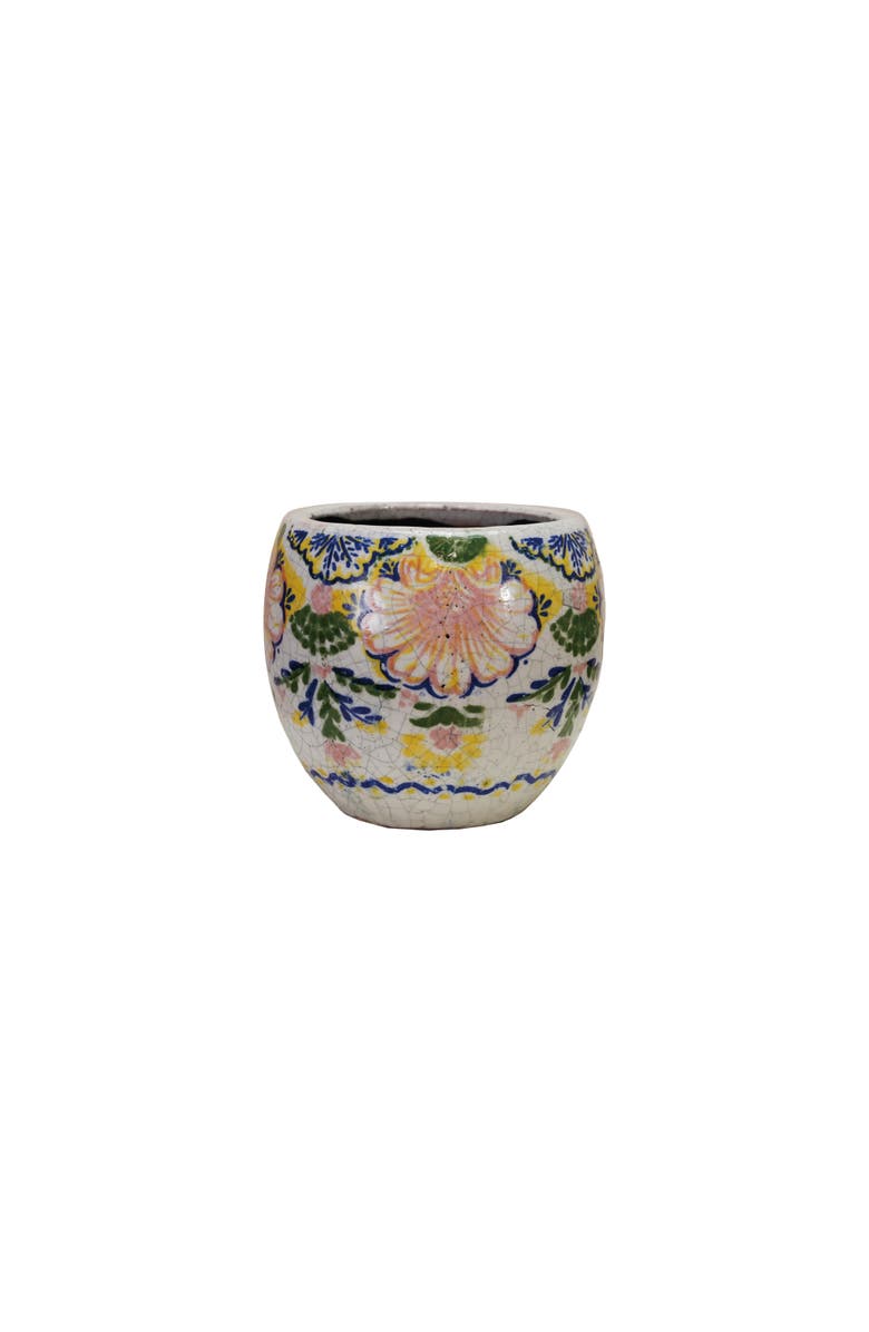 Storied Home Terra-cotta Planter with Floral Pattern, Crackle Glaze, Multicolor, Main, color, 
