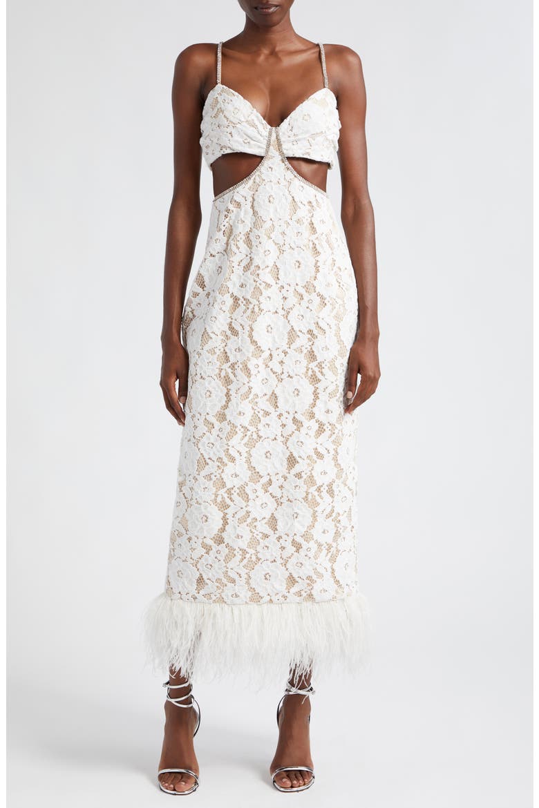Sarah Cutout Lace Feather Trim Maxi Dress, Main, color, WHITE