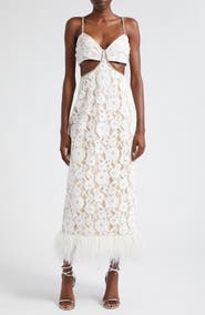 LIKELY Sarah Cutout Lace Feather Trim Maxi Dress