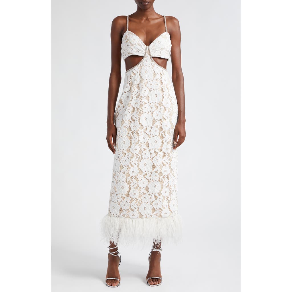 LIKELY Sarah Cutout Lace Feather Trim Maxi Dress in White at Nordstrom, Size 8