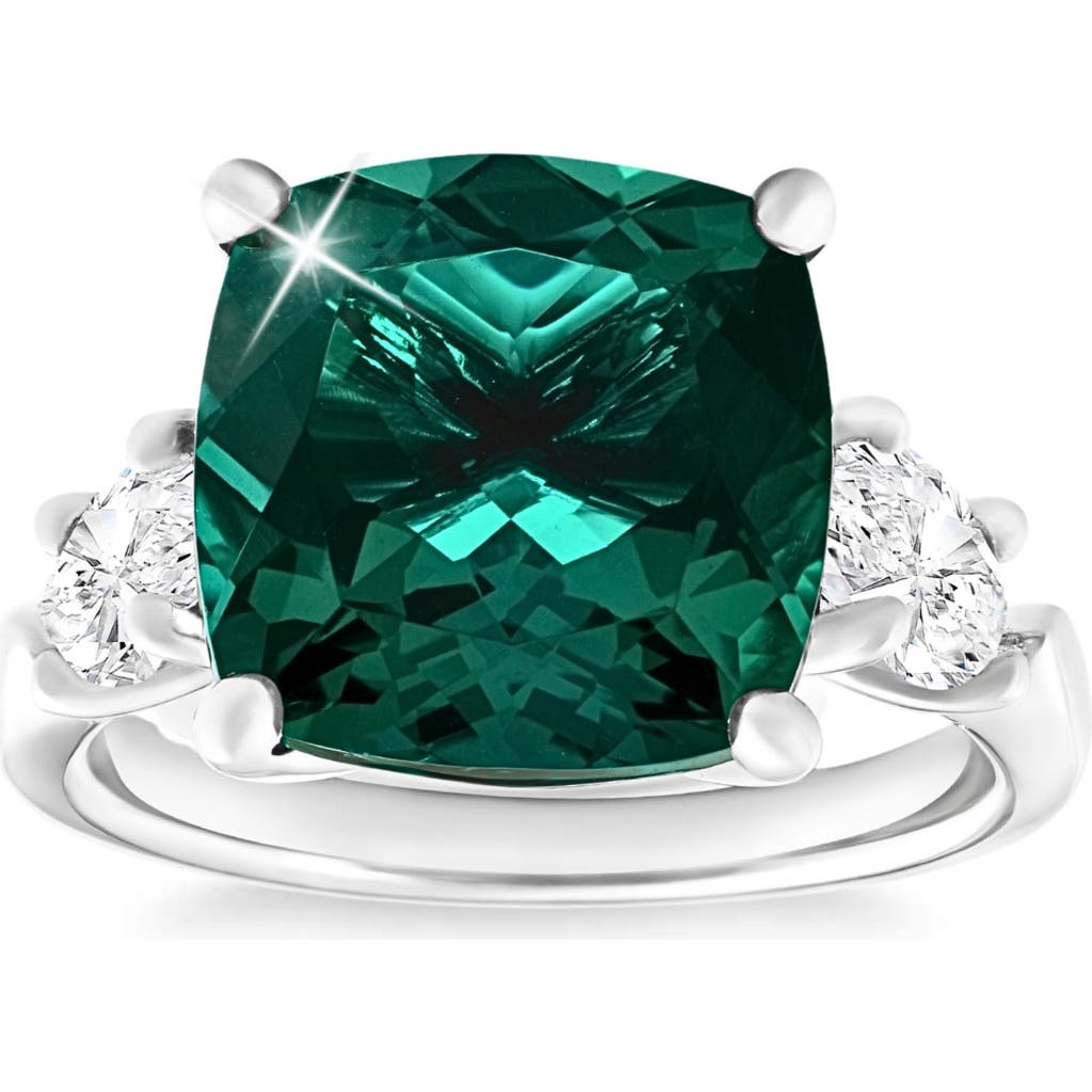 Bliss Diamond 7.55ct Green Cushion Emerald & Marquise Three Stone Ring 14k Gold Lab Grown In Gold