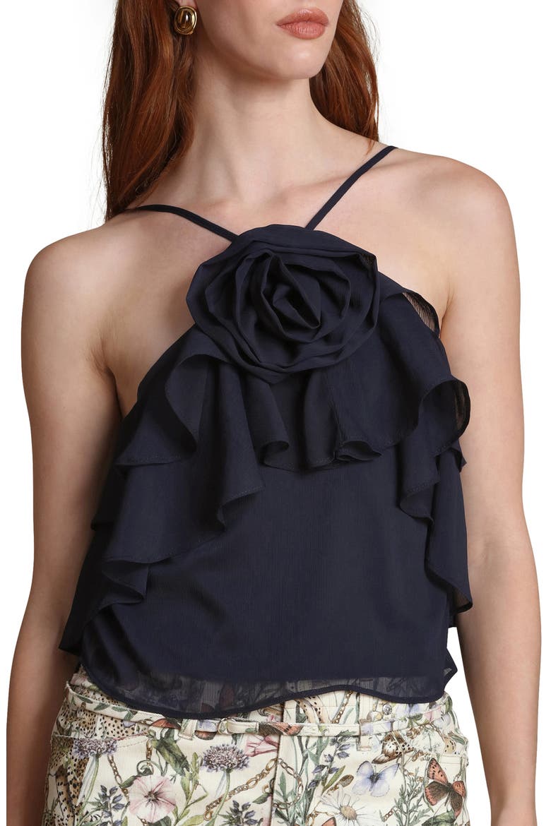 Rosette Ruffle Neck Halter Top, Main, color, DEEP NAVY