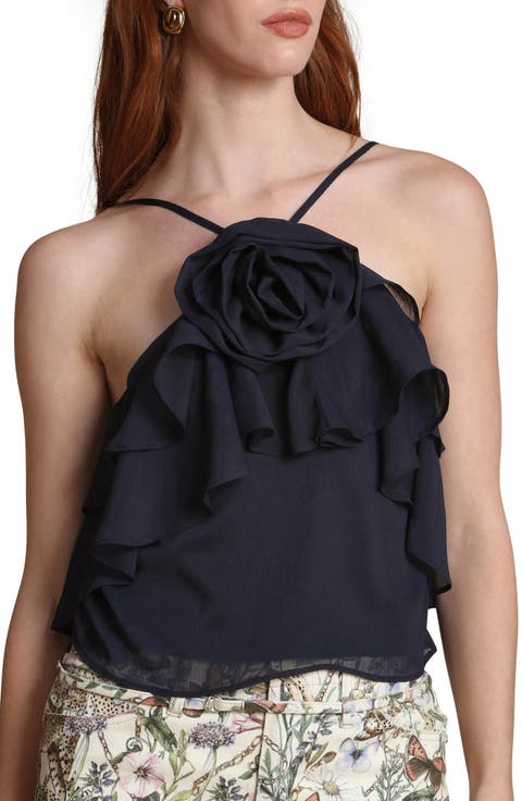 Rosette Ruffle Neck Halter Top