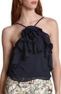 Avec Les Filles Rosette Ruffle Neck Halter Top