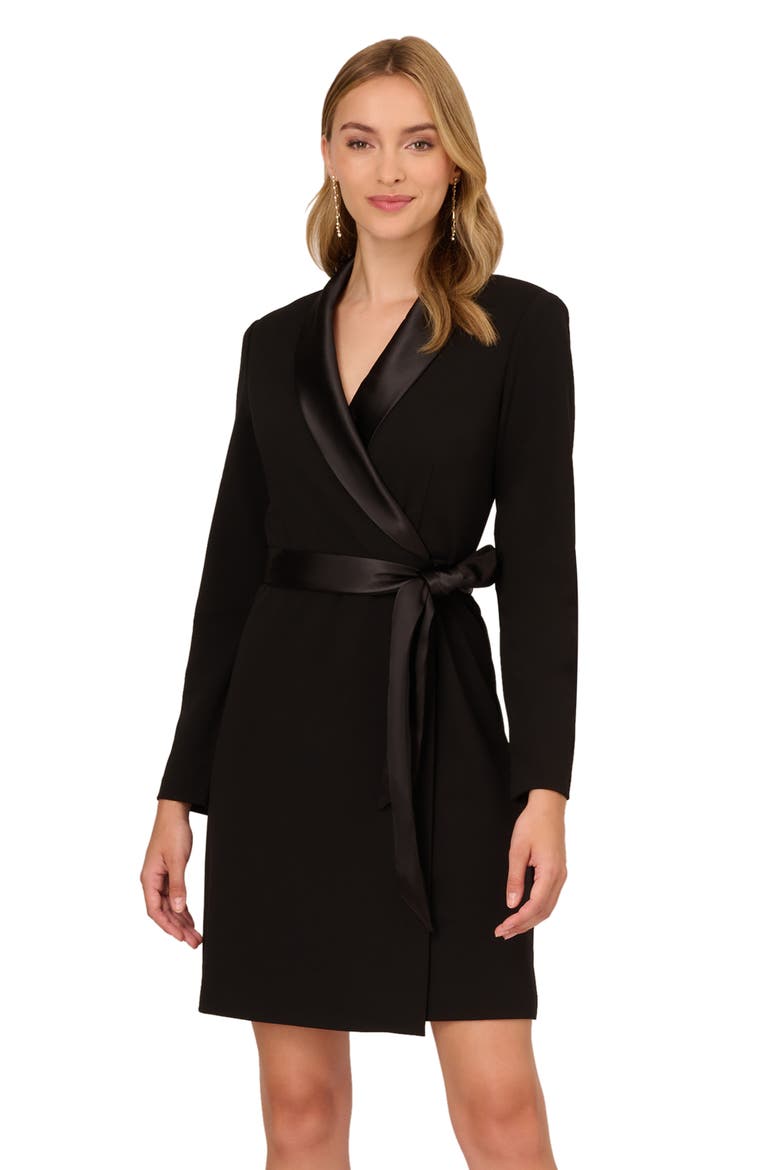 Tux Long Sleeve Crepe Faux Wrap Dress, Alternate, color, BLACK