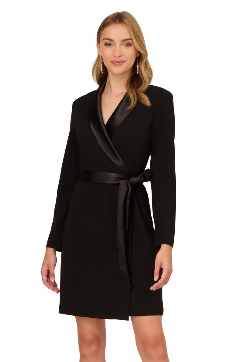Adrianna Papell Tux Long Sleeve Crepe Faux Wrap Dress, Alternate, color, Black