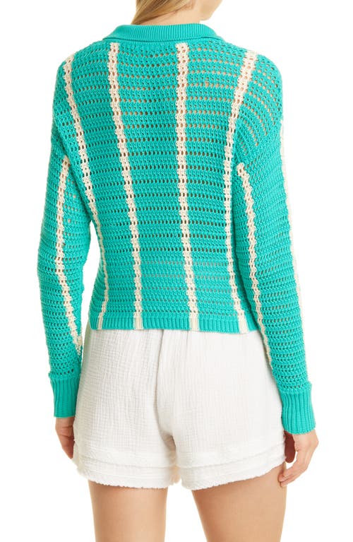 Monrow Vertical Stripe Organic Cotton Crochet Cardigan In Peacock Green/buttercream
