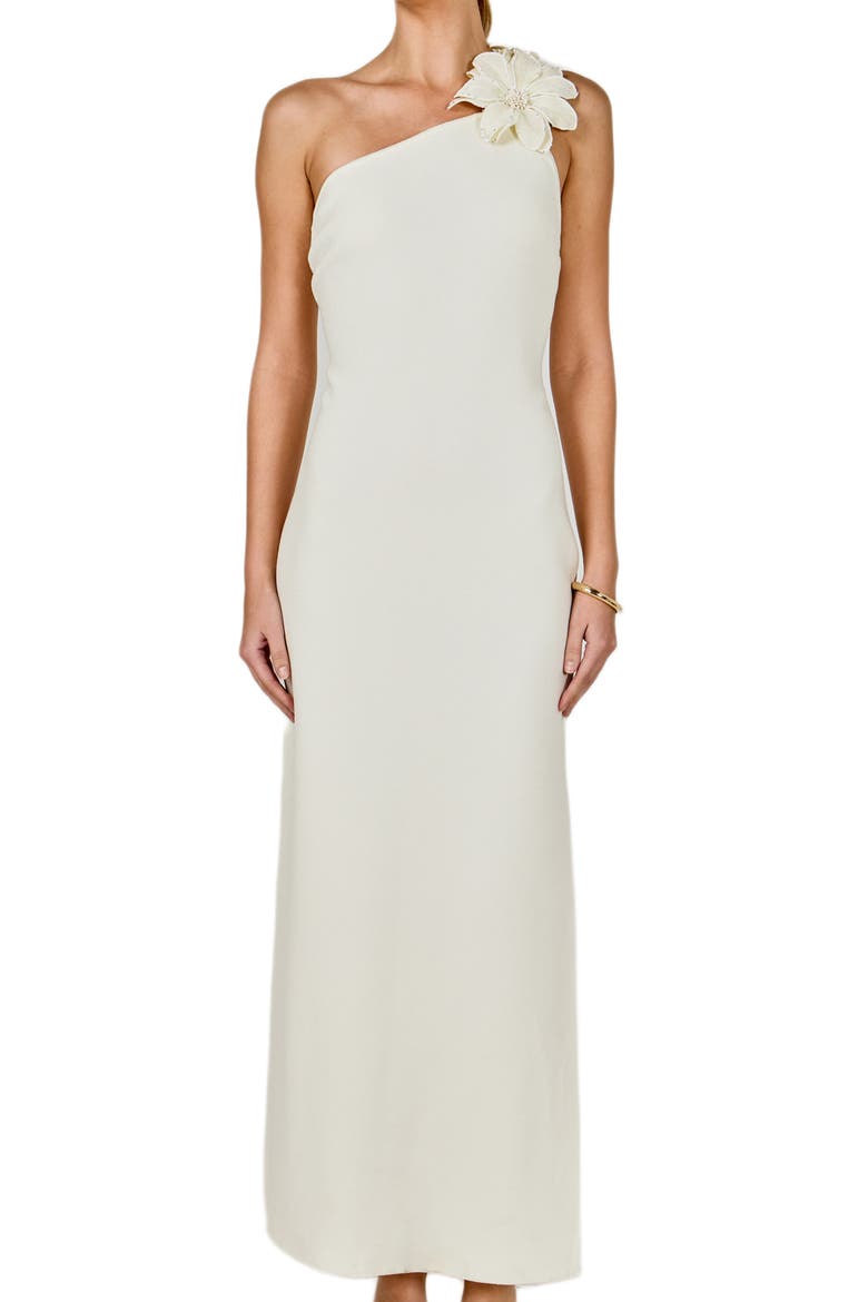 Flower One-Shoulder Knit Maxi Dress, Alternate, color, OFF WHITE