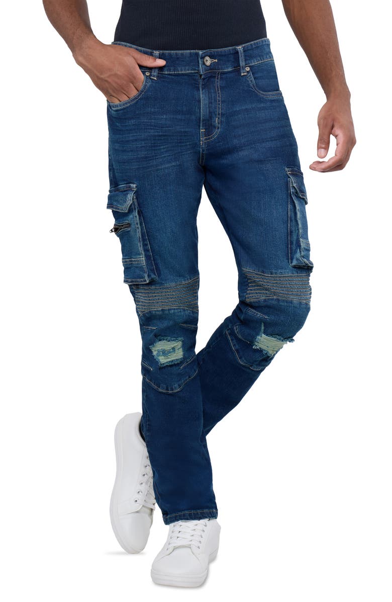 XRAY Slim Fit Rip & Repair Moto Cargo Jeans, Alternate, color, 
