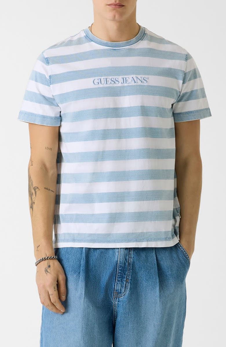 GUESS Yarn Dyed Stripe Cotton T-Shirt, Main, color, Blue Stripe