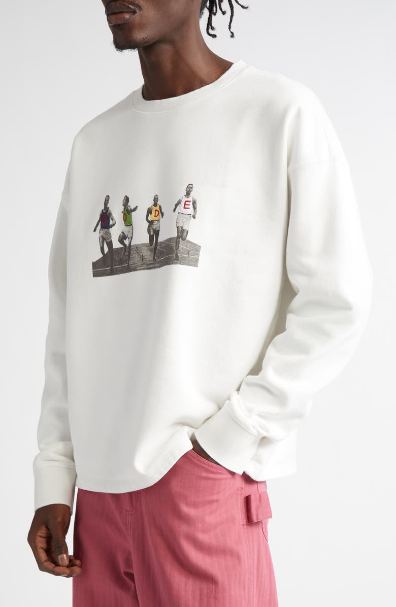 Bode Finish Line Embroidered Fleece Graphic Sweatshirt, Alternate, color, Cream