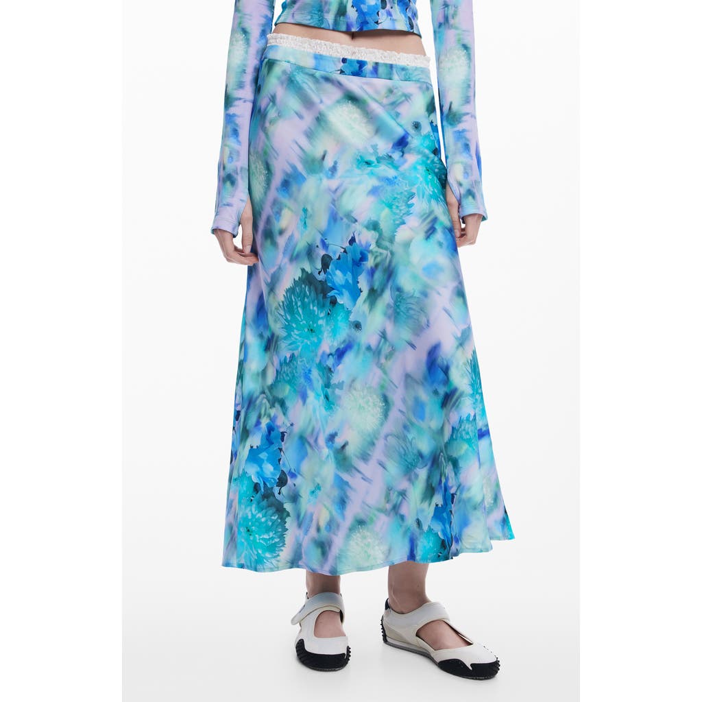 Desigual Floral Print Midi Skirt In Blue