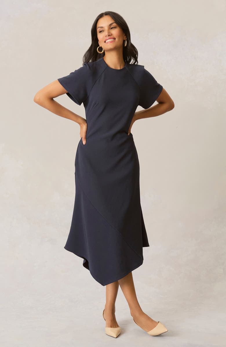 Maggy London Short Sleeve Asymmetric Hem Midi Dress, Alternate, color, Navy Blazer