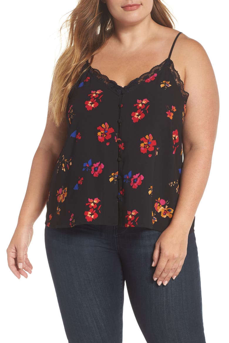 Print Lace Trim Camisole, Main, color, BLACK FLAT FLORAL