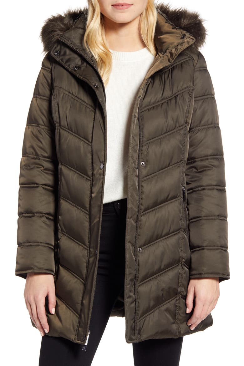 Faux Fur Trim Puffer Jacket, Main, color, OLIVE
