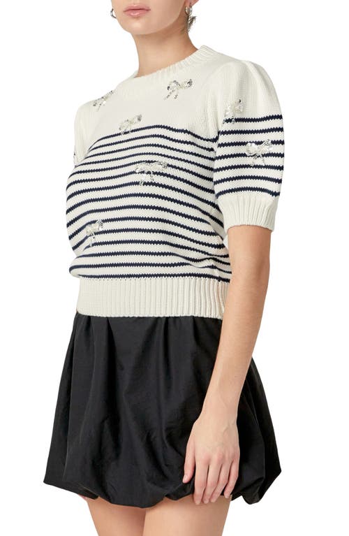 English Factory Bow Detail Short Sleeve Sweater In Off White/navy