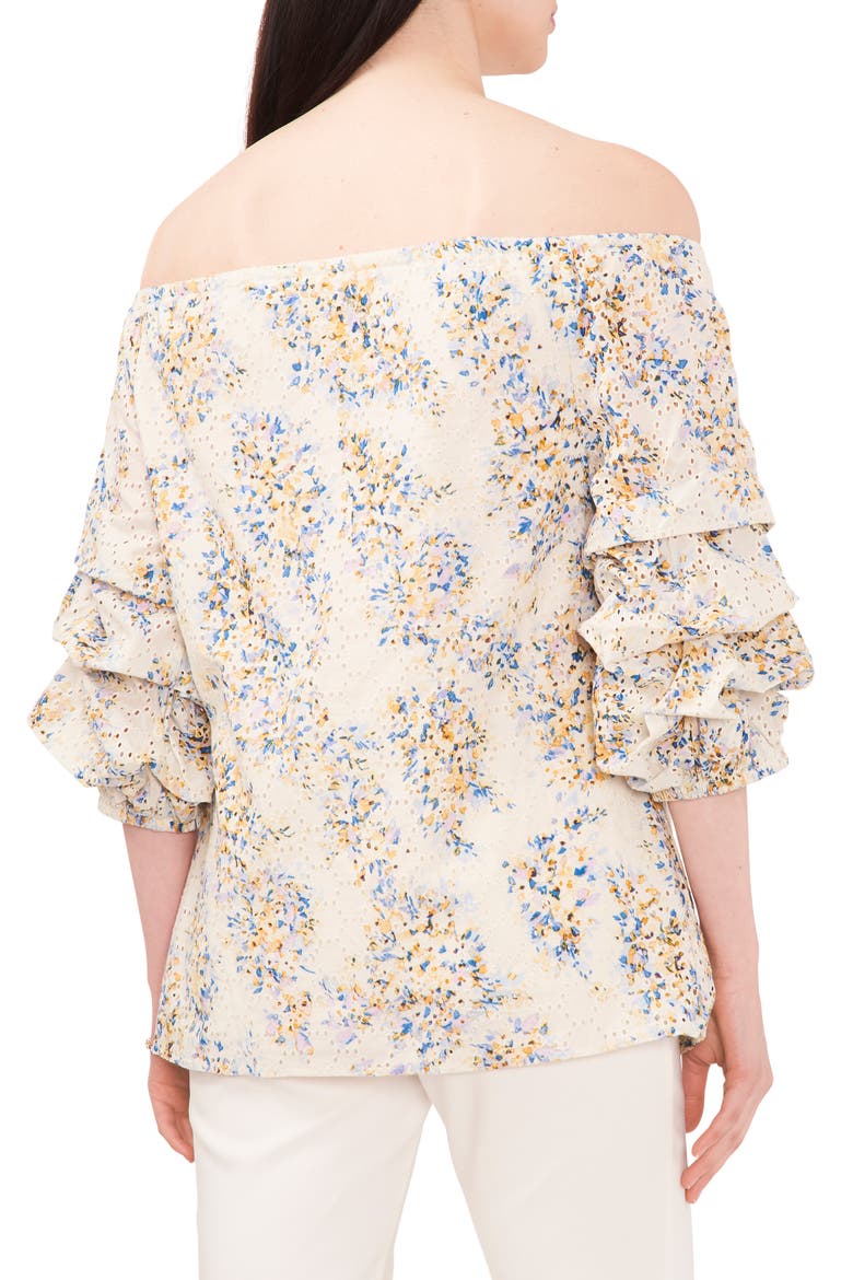 Eyelet Bubble Sleeve Off the Shoulder Blouse, Alternate, color, IVORY/LAVENDER/BLUE