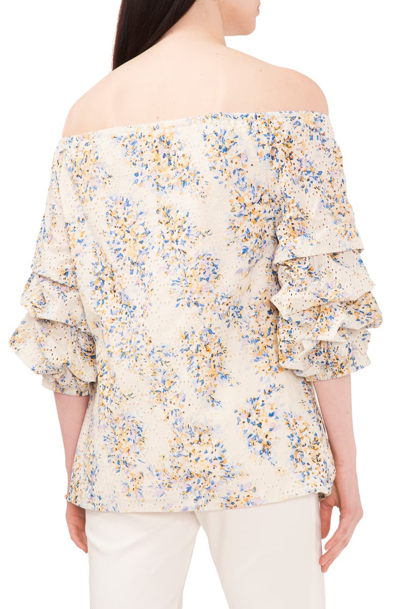 Chaus Eyelet Bubble Sleeve Off the Shoulder Blouse, Alternate, color, Ivory/Lavender/Blue