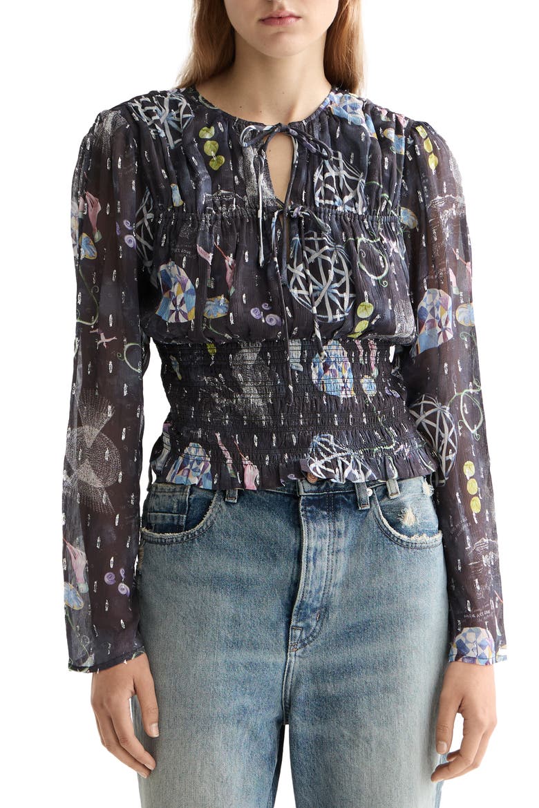 Long Sleeve Smocked Waist Chiffon Top, Main, color, BLACK MOUNTAIN