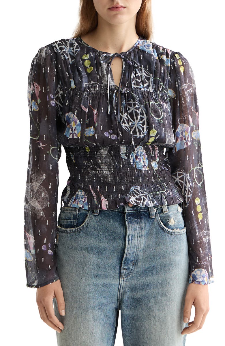 Scotch & Soda Long Sleeve Smocked Waist Chiffon Top, Main, color, Black Mountain