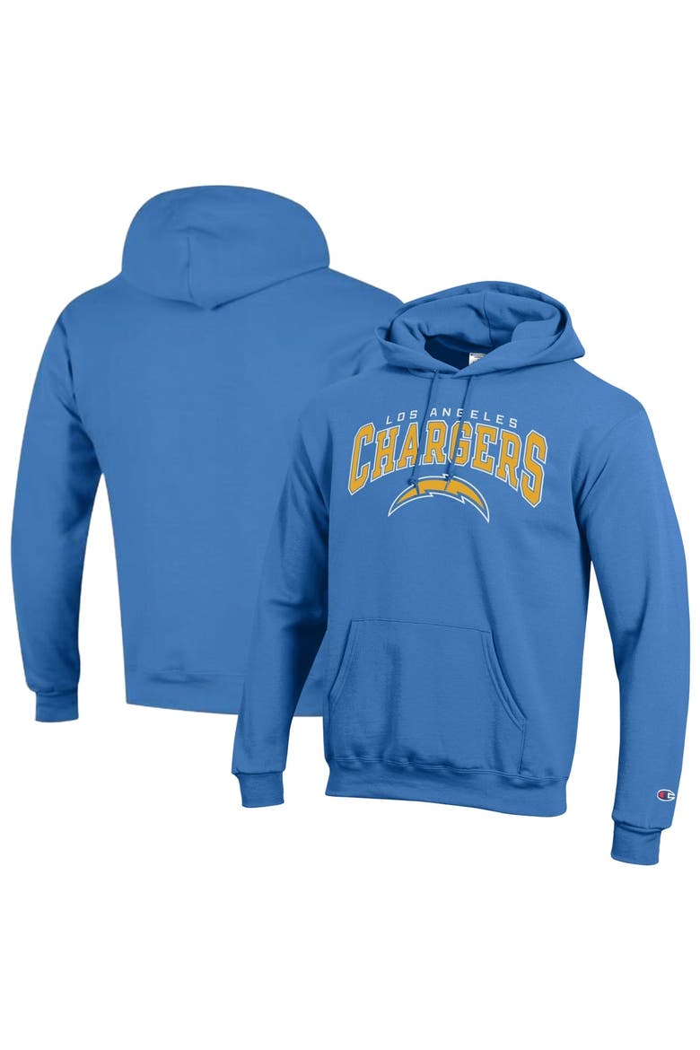 Men's Champion Powder Blue Los Angeles Chargers Powerblend Arch over Logo Hoodie, Main, color, Powder Blue