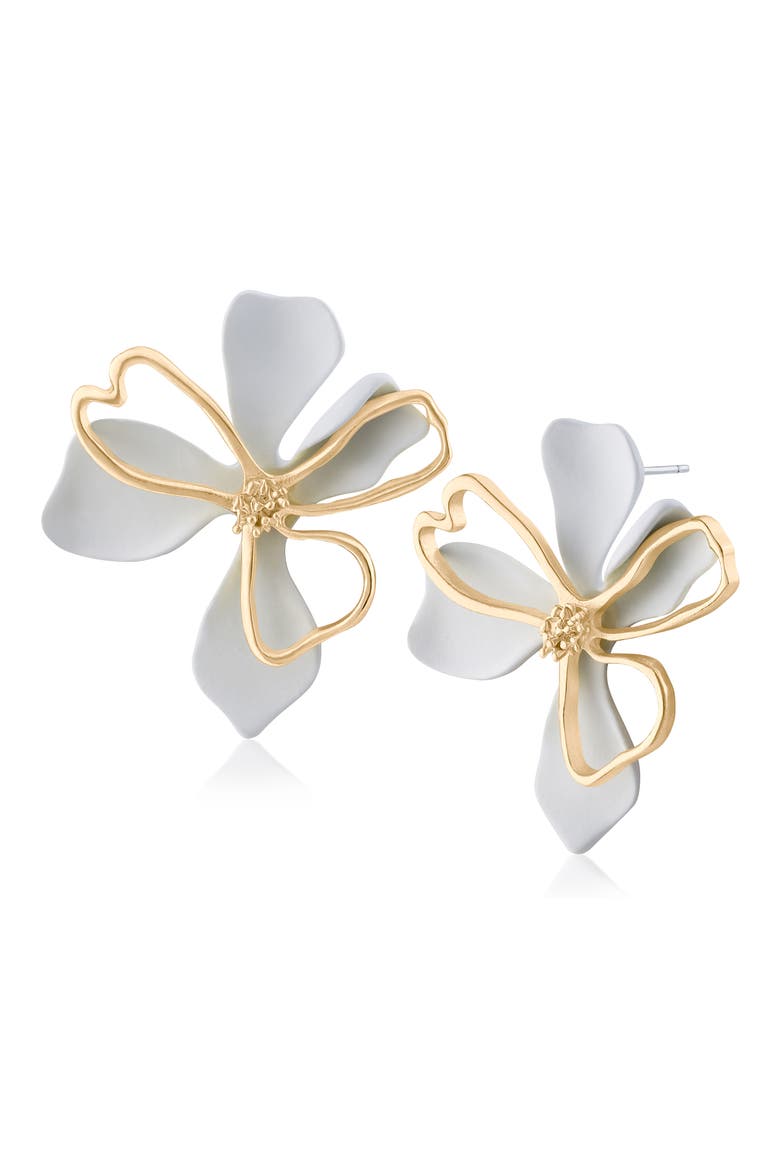 3D Double Flower Earrings, Main, color, WHITE/ GOLD
